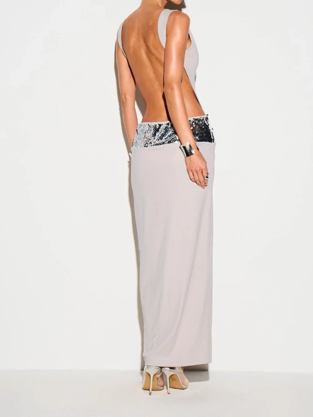 Khaki Women's Sequin Deep V-Neck Sleeveless Maxi Party Dress